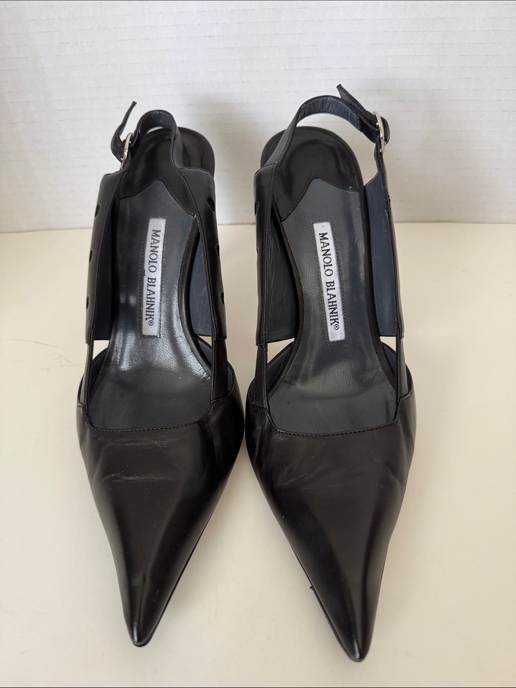 Manolo Blahnik Black Pointed Slingback Pumps With Cutout Sides